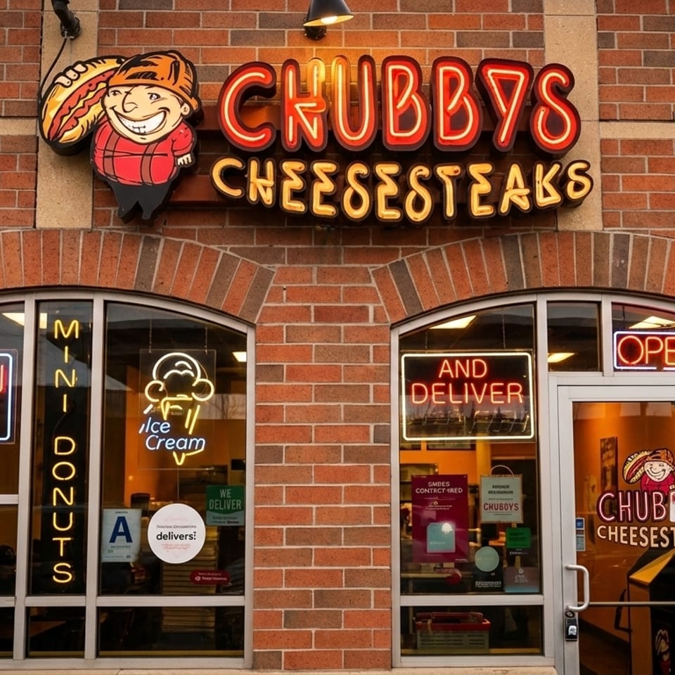 Exterior of Chubby's Cheesesteaks with neon signs for "Open Late," "Mini Donuts," and "Ice Cream."