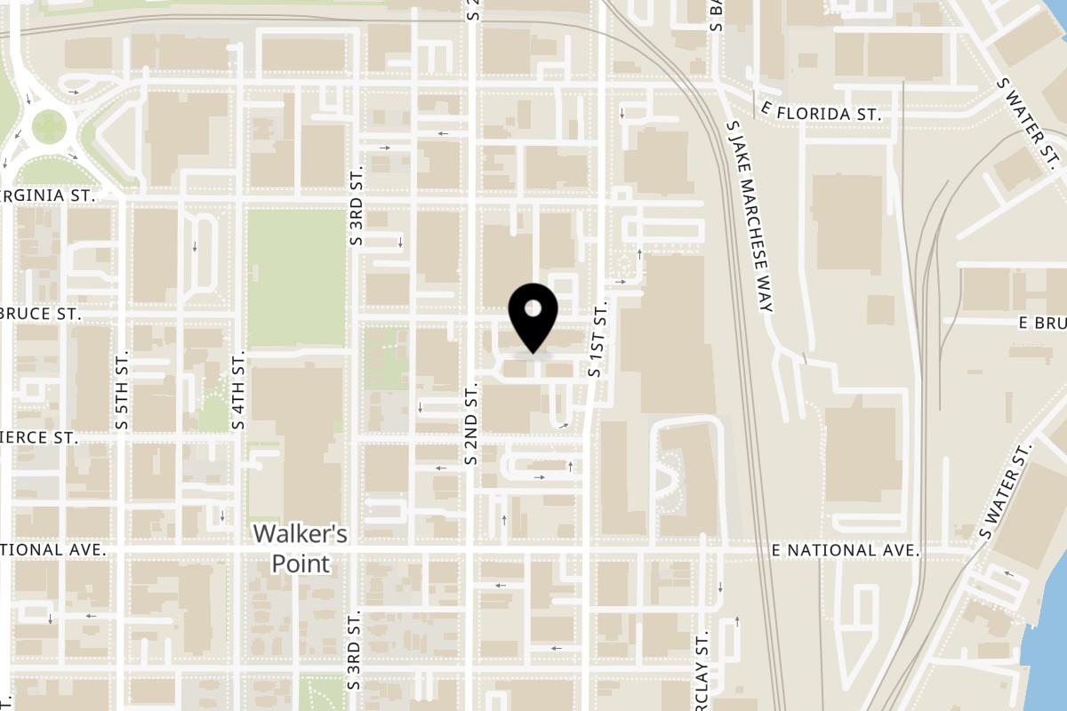 Map showing the location of Chubby's Cheesesteaks Walker's Point on 605 S 1st St in Milwaukee